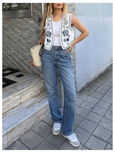 OYOANGLE Women's Floral Embroidery Boho Vests Colorblock Vest Tops Open Front Vintage Waistcoat4