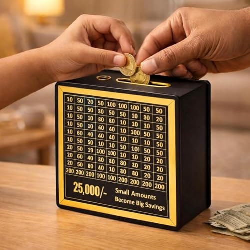 Image of Premium Wooden Money Bank with Lock - Vintage Coin Saving Box for All Ages - Ideal for Cash, Coins, Donations & Home Decor (25K Money Box, 1, Count)
