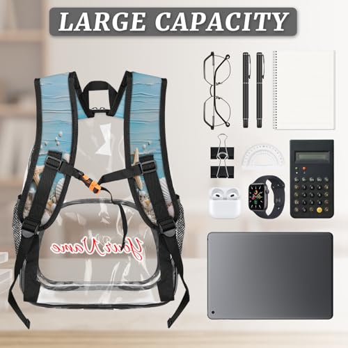 Personalized Small Clear Backpack Stadium Approved Heavy Duty PVC Plastic Custom Starfish and Seashells Blue Transparent Backpacks See Through Bag with Name, Beach Coastal Nautical3