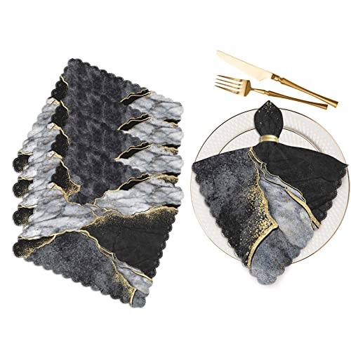Yibeas Abstract Black and White Marble Cloth Table Napkins Set of 4 Japanese Kintsugi Mosaic with Golden Veins Table Decoration Dinner Napkins for Kitchen 18 x 18 inch