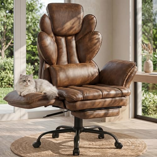 Image of Flip Armrests Criss Cross Office Chair, Reclining Office Chair with Foot Rest, Adjustable Headrest, Massage Waist Pillow, Cross Legged Big and Tall Desk Chair Wide Seat Vanity Chair, Brown PU Leather