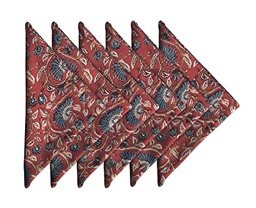 Cotton Dinner Napkins 18x18 inches - Washable Cloth Napkins Set of 6 - Everyday Use or Dinner Party and Events - Red Blue Lightweight Indian Block Printed Soft Fabric by Craftbot