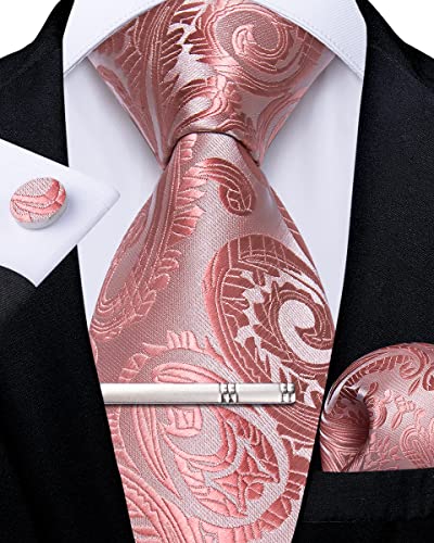 Image of DiBanGu Paisley Ties for Men Silk Necktie and Pocket Square Cufflinks Tie Clip Set Woven Classic Mens Tie for Wedding Party