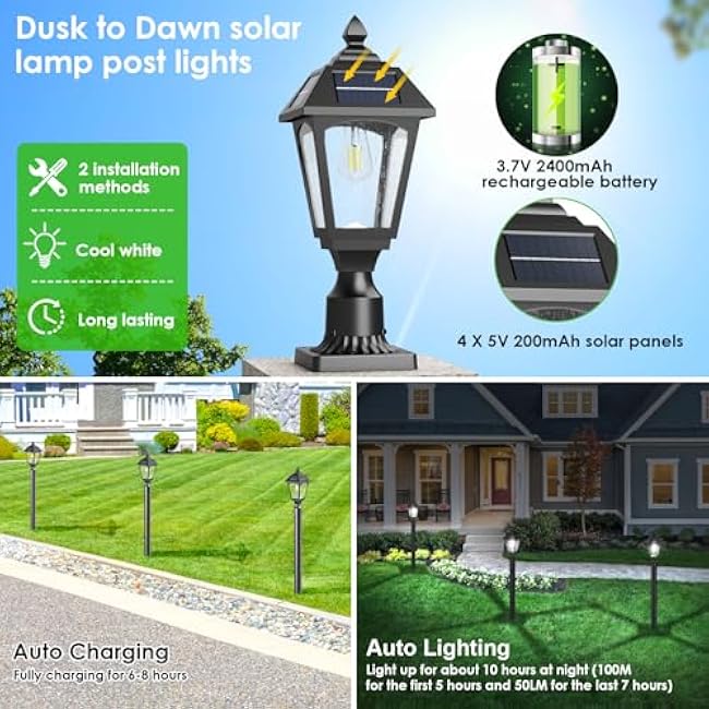 Solar Post Lights Outdoor, Aluminium Solar Lamp Post Light with Pier Mount Base, Outside Decor for Yard Garden Pole Pillar, 100 Lumens (Cool White) ?