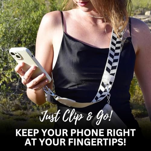 Image of Save the Girls Original Clip and Go Phone Strap Pattern (Chevron Black /Cream - Cream Pouch) - Crossbody Phone Strap Chain with Zipper Wallet Pouch - Phone Lanyard Zippered