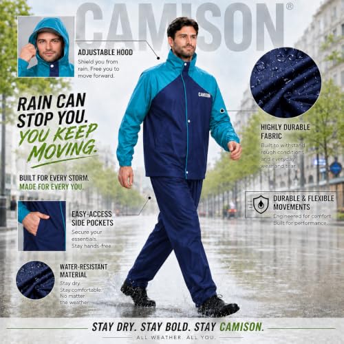 Image of Mens Raincoat Suit with Pant Set Eluxia Series | Waterproof Lightweight Breathable Rain Wear | Elastic Cuff & Waterproof Zipper Raincoat for men waterproof