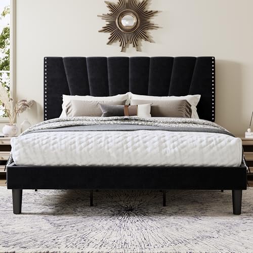 Image of Allewie King Size Velvet Platform Bed Frame with Adjustable Headboard Black | Height-Adjustable Velvet Headboard, Rivet-Style Nailhead Trim, Wooden Slat Support, No Box Spring Needed, Easy Assembly