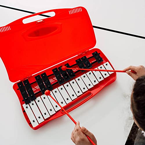 Image of A-Star 25 Note Soprano Chromatic Glockenspiel Xylophone in Red Case with Black /White Keys and Two Plastic Beaters - 2 Octaves G5 to G7