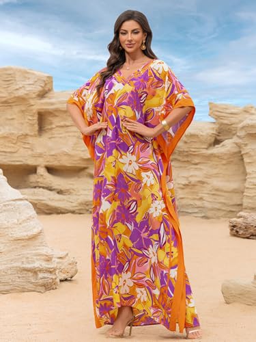 Image of KECVOT Kaftan Dresses for Women V-Neck Print Swimsuit Cover Up Plus Size Beach Caftan Lounge Dress
