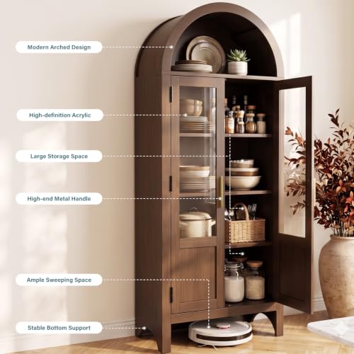 Image of Arched Storage Cabinet with 2 Doors and 5-Tier Shelves for Living Room, 71 inch Tall Wooden Pantry Cabinet for Dining Room and Kitchen, Floor Bathroom Organizer, Brown