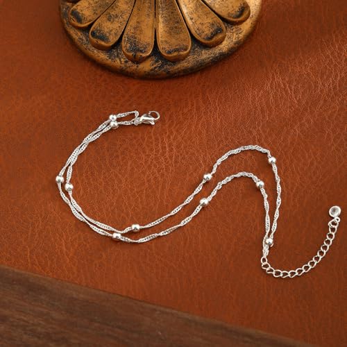 LEXODY Sterling Silver Layered Ankle Bracelets for Women – Waterproof Beaded Wave Chain Anklet Set for Trendy Beach Jewelry - Image 5