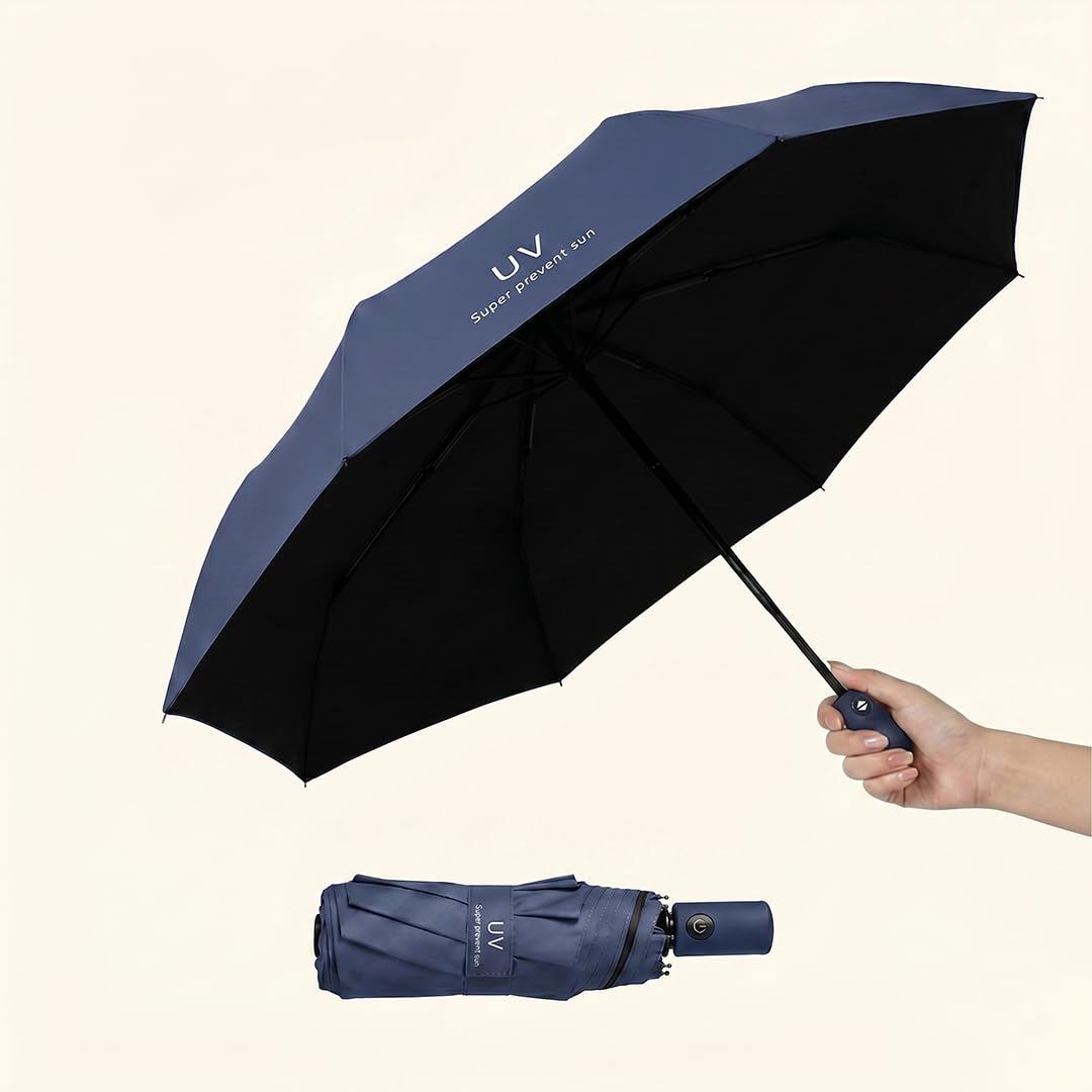 Roughhouse UV protection Navy Umbrella Automatic open close for rain and sun protection 3 fold umbrella for men women kids boys girls big size large three fold stylish folding under windproof travel-image-23