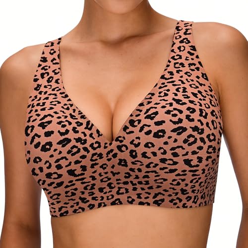 Seamless Jelly Bra Full Cup Leopard Print Bra Comfort Sleep Jelly Push Up Bra Seamless No Under Wireless Bras for Women Uk Everyday T shirt Bras (UK Alpha L Regular Regular Leopard print black)