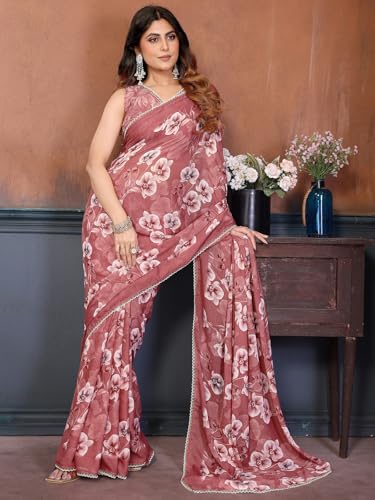 Image of Satrani Women's Georgette Floral Printed Saree with Unstitched Blouse Piece