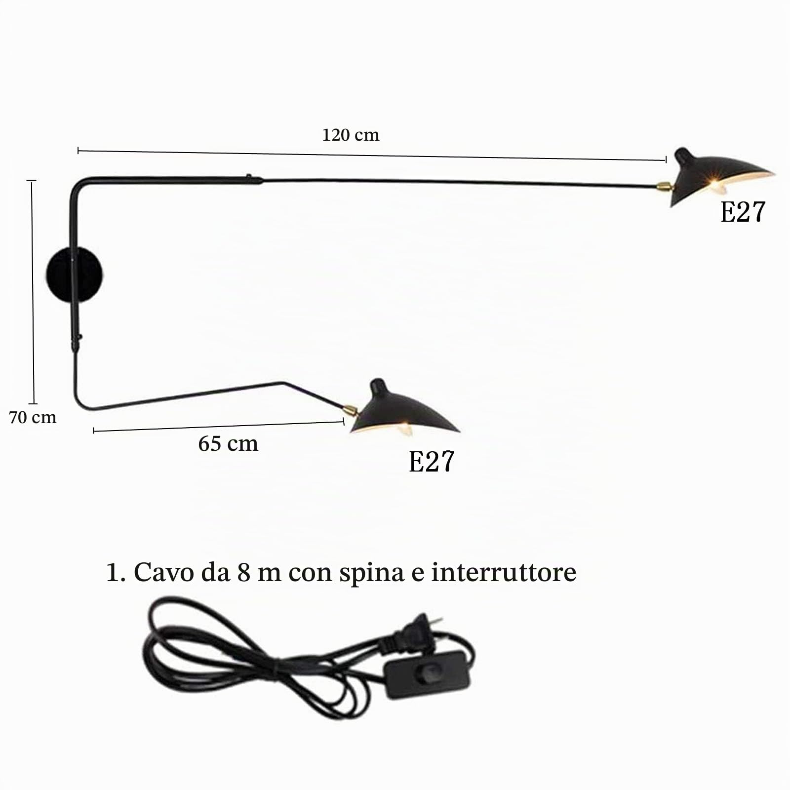 2 Luci Lampada da Parete Moderna con Braccio Lunga Regolabile Metallo Applique da Parete Interno Classico con Spina Interruttore Cavo Luce da Muro Retro Industriale Design Camera da Letto E27 Nero