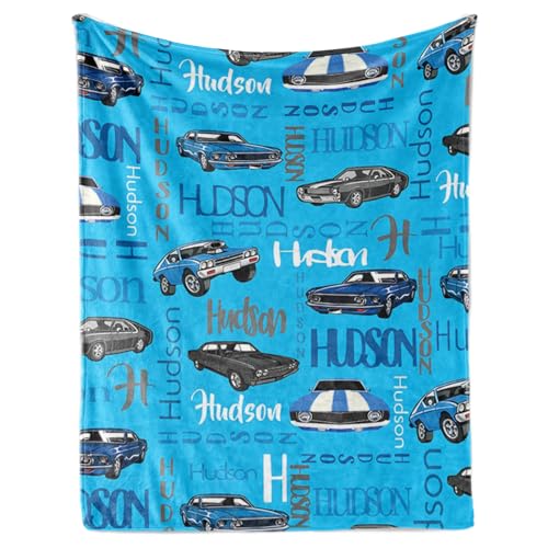 ZOTIMEF Custom Name Car Blanket for Kids - Multi-Fonts Names with Cars Theme Design - Personalized Soft Plush Flannel Blanket for Boys Girls Holidays Birthdays Gifts Blue
