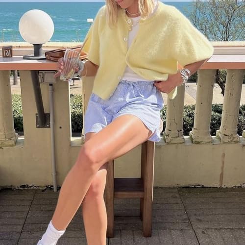 Image of Women Knitted Crop Cardigan Shirt Short Sleeve Button Down Ribbed Knit Crop Top Y2k Girls Outwear Top Tee Shirt