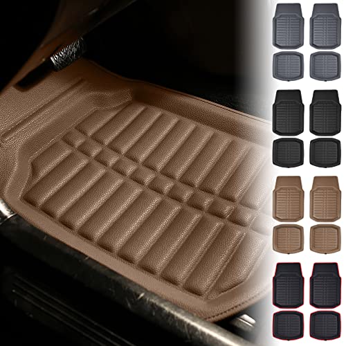 Image of FH Group Automotive Floor Mats - PU Leather Floor Mats, Deep Dish Design, Floor Mats for Cars, Universal Fit Floor Mats Full Set, Floor Mats For Most Sedan, SUV, Truck Floor Mats Solid Beige