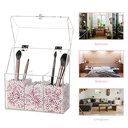 Makeup Brush Holders With Cover, Dust-Proof Lid, Acrylic Makeup Storage Box With Pearls Beads, Large Capacity Brush Organizer for Dressing Table