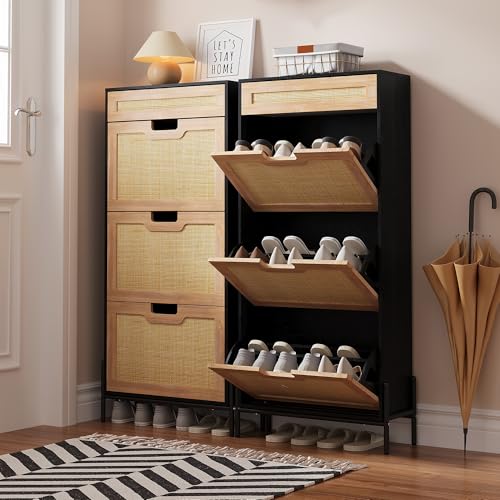Image of Natural Rattan Shoe Cabinet with 3 Flip Doors and Drawer, Freestanding Shoe Storage Organizer with Adjustable Shelves for Entryway Hallway,Black Oak Color