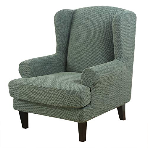 MIFXIN Wingback Chair Slipcovers 2-Piece Stretch Jacquard Fabric Wing Chair Cover with Cushion Cover Armchair Sofa Furniture Protector with Elastic Bottom for Living Room Bedroom (Green)
