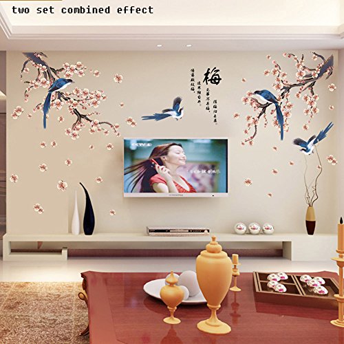 Boodecal Oriental Series 2016 Chinese Calligraphy Poems for Spring Festival Magpie Birds in Blossom Plum Flowers Wintersweet Wall Art Decals Stickers for Tv Sofa Home Art 5432 Inches