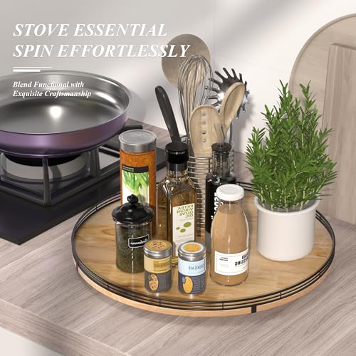 Image of 21 inch Lazy Susan Oak Wood Turntable Organizer for Cabinet, Farmhouse Round Wooden Large Lazy Susan Organization and Storage for Dining Table, Pantry, Kitchen, Countertop, Cupboard, Home Decor