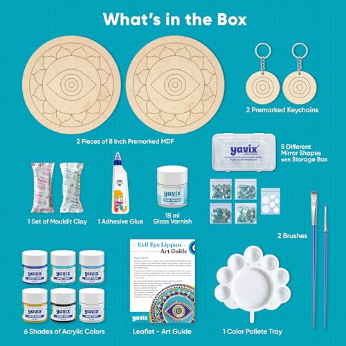 Image of YAVIX Evil Eye Lippan Kit | Complete DIY Craft Set with 2 Premarked Round MDF Boards & 2 Premarked Keychains, Acrylic Colors, Mirrors, Moulding Clay & Varnish | Ideal for Gifting, Artists & Beginners (Evil Eye)