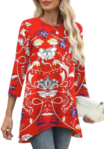Image of OFEEFAN Tunic Tops for Women Loose Fit Dressy 3 /4 Length Sleeve Womens Tops with Asymmetrical Hem S-4XL