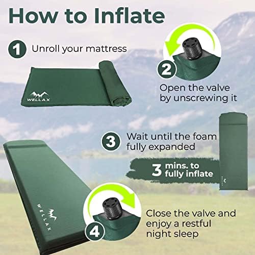 WELLAX Sleeping Pad - Foam Camping Mats, Fast Air Self-Inflating Insulated Durable Mattress for Backpacking, Traveling and Hiking - Ultrathick All-Weather Foam Pad with Build in Pillow (Green-3") 3 WELLAX Sleeping Pad - Foam Camping Mats, Fast Air Self-Inflating Insulated Durable Mattress for Backpacking, Traveling and Hiking - Ultrathick All-Weather Foam Pad with Build in Pillow (Green-3")