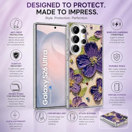 Image of Elzzi Compatible with Samsung S26 Ultra Case Laser Flower Oil Painting Cute Colorful Blue Ray Bumper with Full Camera Protection Shockproof PC+TPU Glossy Shiny Cover for Girls Women, Purple