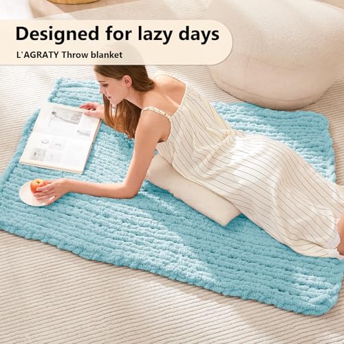 Image of L'AGRATY Chunky Knit Throw Blanket for Couch, 40 x 50 Inches, Light Blue