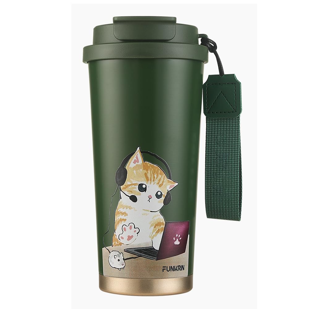 funkrin coffee travel mug with straw amp flip lid 16oz insulated tumbler cup with ceramic coating double wall vacuum leak-proof mug for office school party camping