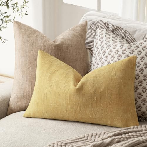 Image of Foindtower Pack of 2 Soft Textured Chenille Throw Decorative Pillow Covers Lumbar Accent Solid Cushion Cover Cozy Neutral Farmhouse Pillow Case for Couch Sofa Bed Living Room 12x24 Inch,Light Yellow