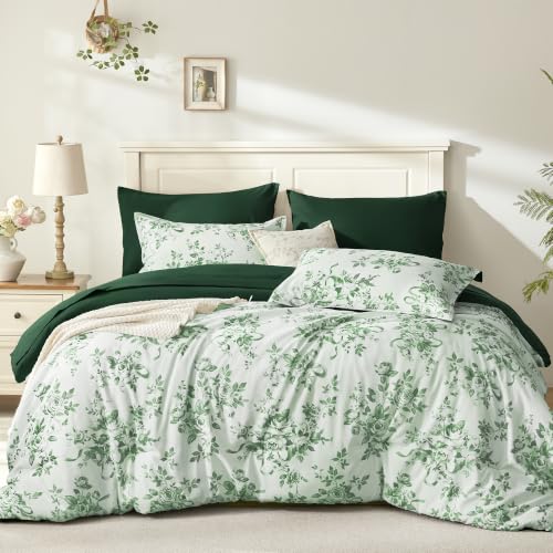 Image of Andency Floral Comforter Full Set, 7 Pieces Green Rose Flower Bedding Set