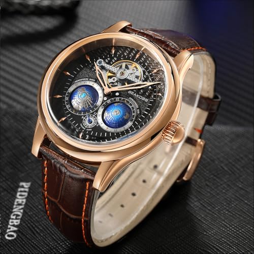 Image of SEAKOSS Watches for Men Automatic Mechanical Luxury Flywheel Watch 3D Double Globe Stainless Steel Case Men Wrist Watch