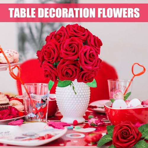 25 Pieces Red Roses Artificial Flowers Bulk Small Silk Fake Roses Flower Heads for Wedding Bridal Shower Flower Wall DIY Crafts Bouquet Decoration Home Decor image 3