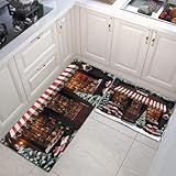 MULERN Weihnachtsthema Küchenteppich Sets 2 Stück, Anti-Müdigkeit Schokoladengeschäft Küchenmatten, rutschfeste Weiche, für Küche, Waschküche, Flur, Braun 43x75cm+43x150cm