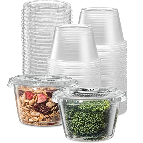 Image of {4 oz - 100 Sets} Clear Diposable Plastic Portion Cups With Lids, Small Mini Containers For Portion Controll, Jello Shots, Meal Prep, Sauce Cups, Slime, Condiments, Medicine, Dressings, Crafts,