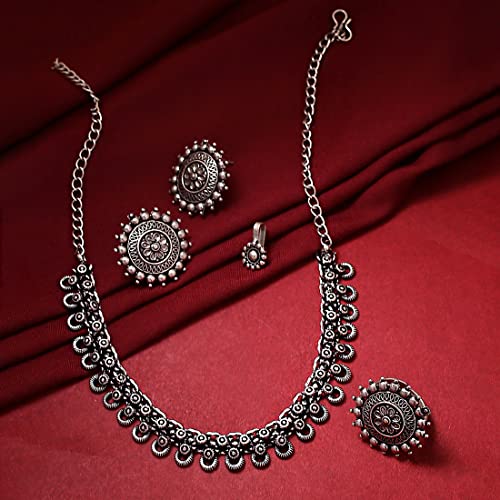 Yellow Chimes German Silver Oxidised Jewellery Set Traditional Threaded Choker Necklace Set for Women and Girls - Image 2