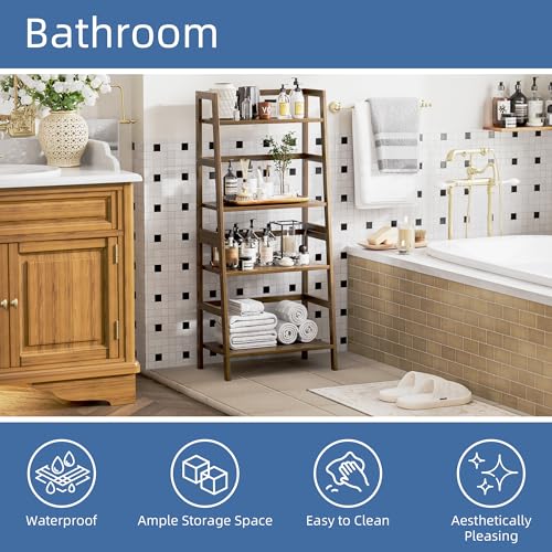 HITNET-Ladder-Bookshelf-Bathroom-Storage-4-Tier-Bamboo-Shelf-Freestanding-Open-Bookcase-for-Living-Room-Kitchen-Entryway-Walnut HITNET Ladder Bookshelf Bathroom Storage 4 Tier Bamboo Shelf Freestanding Open Bookcase for Living Room Kitchen Entryway Walnut