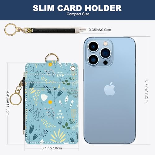 Image of Slim Wallet Credit Card Holder, Blue Floral Print, RFID Wallet Women Cute Small Front Pocket Wallet With Zipper, PU Leather Thin travel RFID Blocking Card Case ID Window,Ladies Gifts