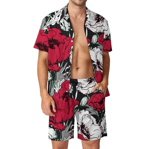 Chemise hawaïenne hommes fleur rouge et blanche avec short et pantalon ensemble d'été 2 pièces taille S
