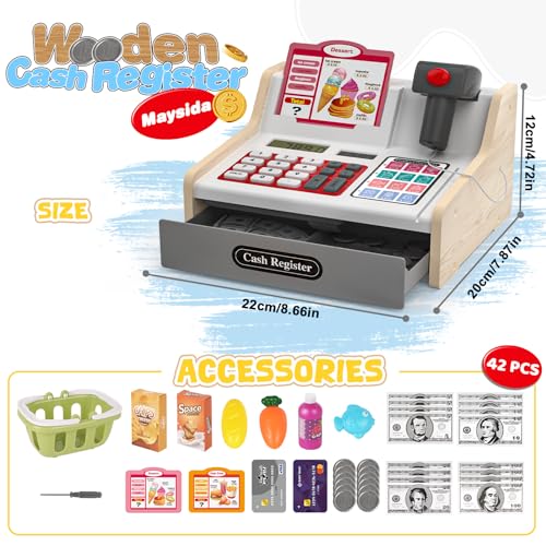 Image of maysida Rechargeable Wooden Kids Cash Register with Scanner, Pretend Play Cash Register Toy with Fake Money, Food, Credit Card, Toddler Boys Girls Age 2-4 4-8