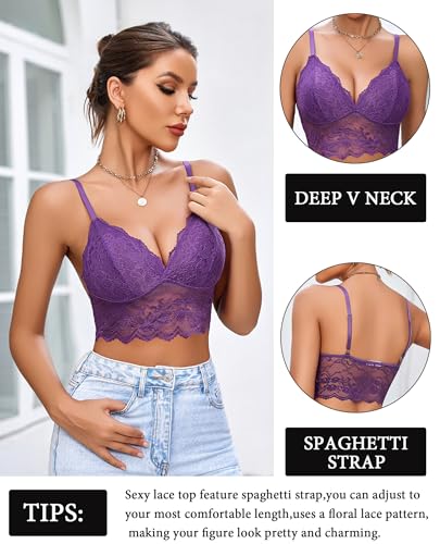 Image of Avidlove Lace Bralettes for Women V Neck Spaghetti Strap Bra Unpadded Tops Sexy Cami Crop Top Going Out Lingerie