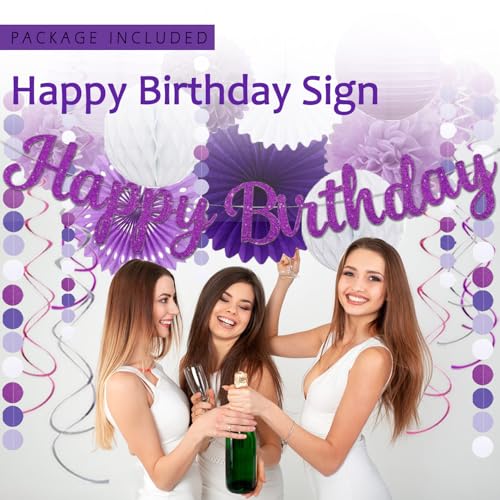 Image of Purple Birthday Decorations for Women Girls,Happy Banner,Lilac Paper Lanterns Tissue Pom Poms Flower Fan,Purple White Balloon Decor For 40th 50th Anniversary Princess Backdrop Party Supplies
