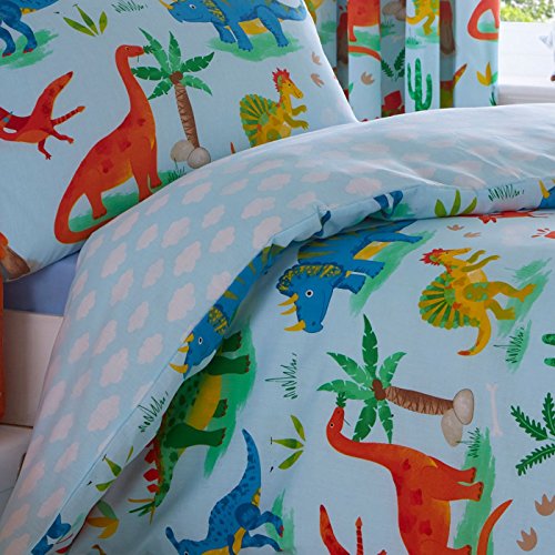 "Kids Club Dinosaurs Bed Duvet Cover and Pillowcase Set, Polyester-Cotton, Blue,2 pcs, Single,".