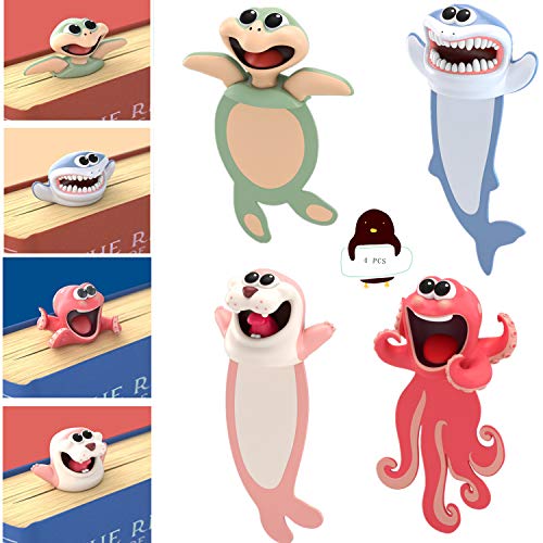 4 PCS Wacky Bookmark, SPOKKI 4inch Cartoon Animal Novelty Bookmark Kit for Student, 3D Funny Ocean Reading Bookmark of Pages Kids Gifts School Stationery Supplies (4 PCS)