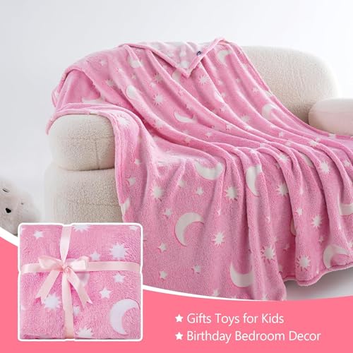 Image of TONY STARK ULTRAAGLOW Glow in The Dark Blanket for Kids (0-15 Years, 200x152 Cm) Soft Flannel Fleece Throw, Cozy & Warm All-Season Radium Blanket for Boys & Girls (Pink Moon & Stars)