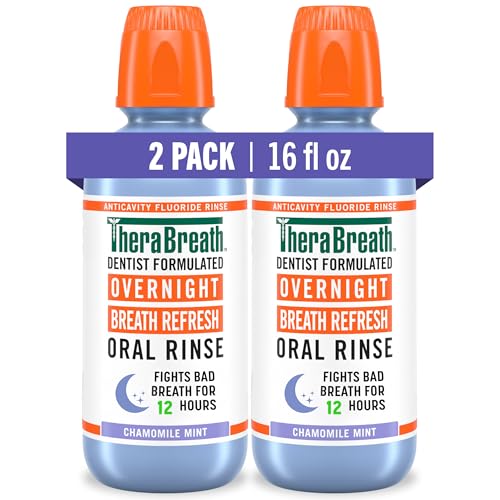 TheraBreath Overnight Mouthwash, Fights Bad Breath for 12 Hours, Chamomile Mint Flavor, Dentist Formulated, Fluoride Rinse, Alcohol Free, 16 fl oz (Pack of 2)
